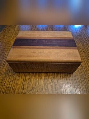 Striped Wooden Walnut Box With Different Wood Inlay. Keepsake, Jewelry, Storage